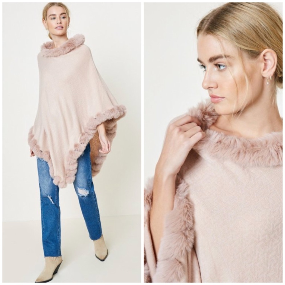 Pink Faux Fur Embossed Knit Sweater Poncho - Picture 2 of 2
